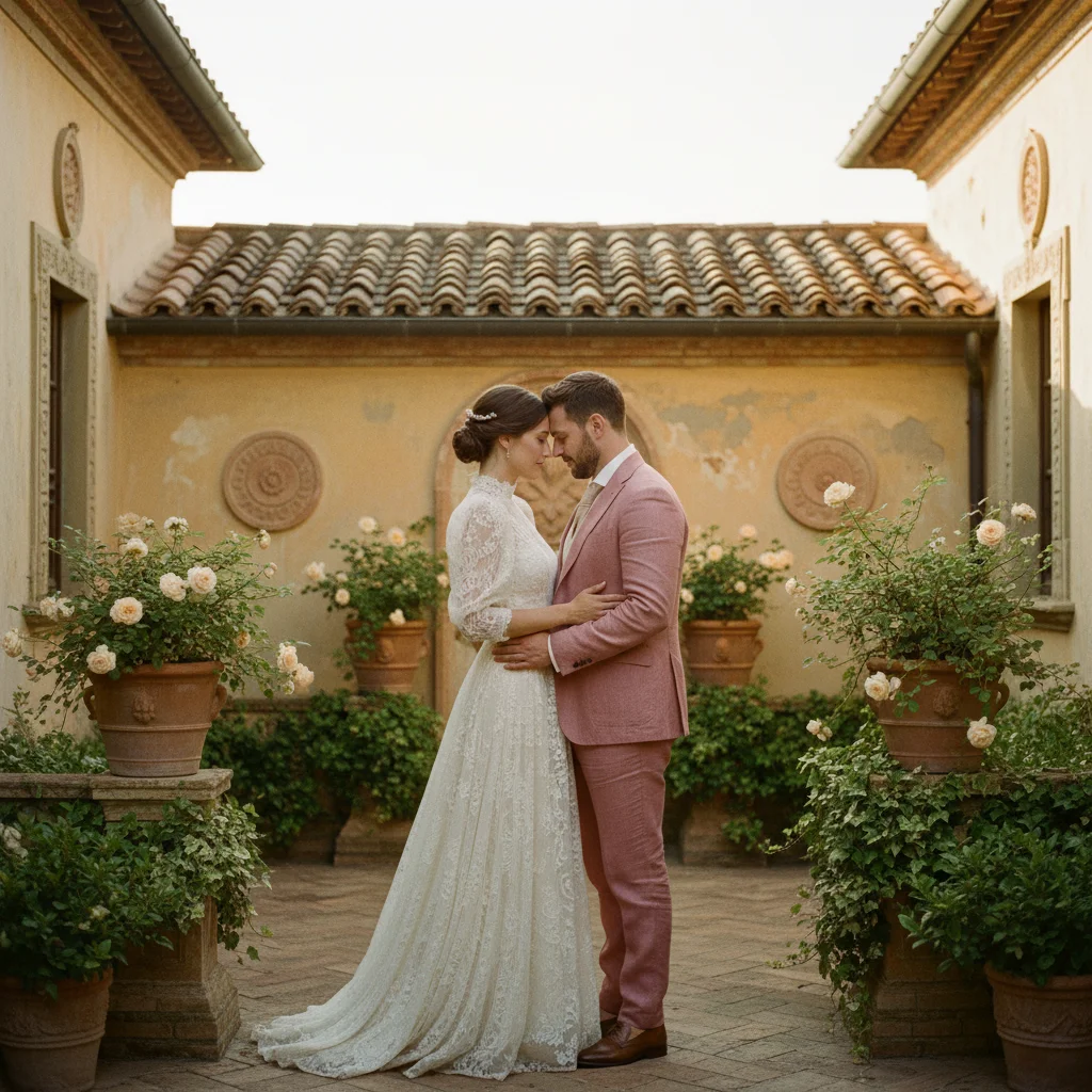 Real couple Elena and Marco in an intimate romantic moment, standing face to face in soft golden afternoon light, wearing elegant vintage-inspired attire in warm cream and dusty rose tones, surrounded by sun-drenched Tuscan villa architecture with weathered ochre walls and terracotta details, perfectly symmetrical centered composition, dreamy cinematic photography with subtle film grain, pastel color palette of sage green, warm peach, and soft rose, whimsical yet authentic emotional connection, refined editorial portrait aesthetic