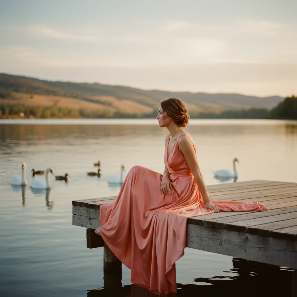 Editorial fashion portrait of a woman in an elegant flowing coral-peach dress sitting on a weathered wooden dock by a serene lake, natural contemplative pose looking away from camera, soft romantic styling, swans and ducks in the background water, golden afternoon light, indie magazine aesthetic, cinematic depth of field, warm earth tones and soft pastels, editorial photography with film grain, intimate and authentic moment
