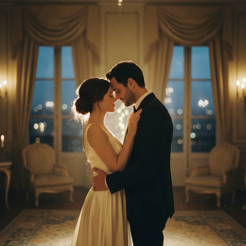 Elena and Marco in an intimate embrace, soft romantic lighting with warm golden tones, elegant and dreamy atmosphere, shot on film with subtle grain, wide cinematic composition